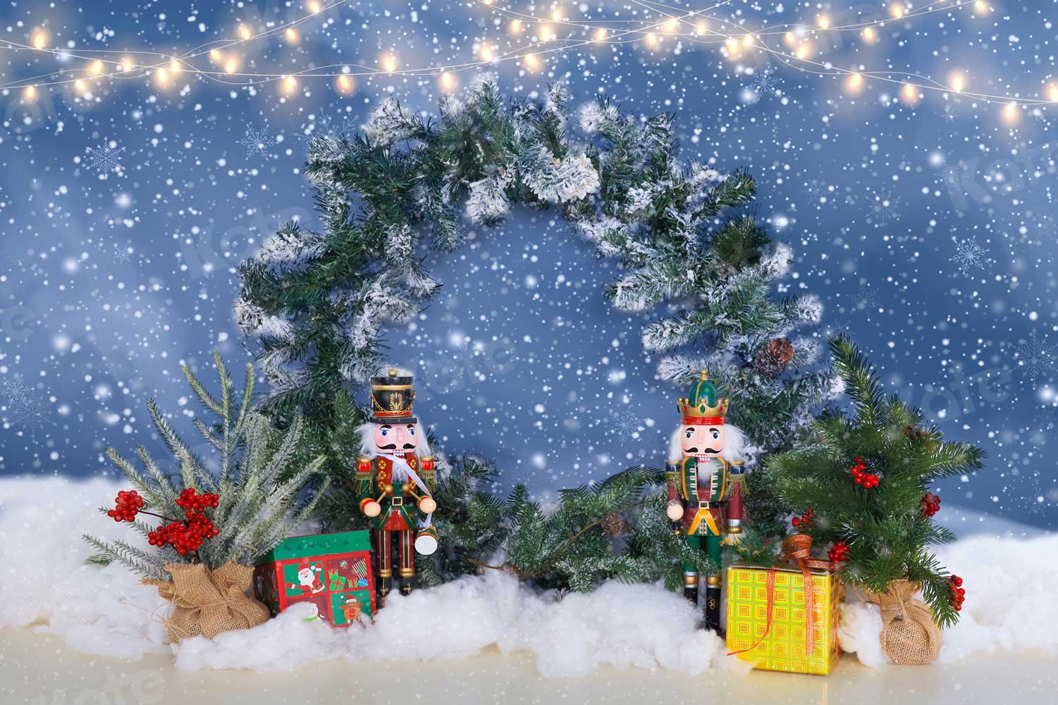 kateクリスマス冬の背景写真撮影のための雪の花輪のおもちゃの兵士