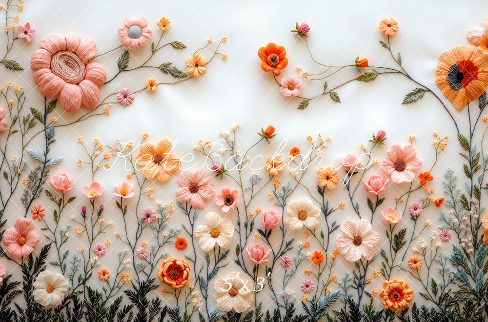 Kate 春のパステル刺繍フラワホワイト プリント背景 Mini MakeBelieveデザイン