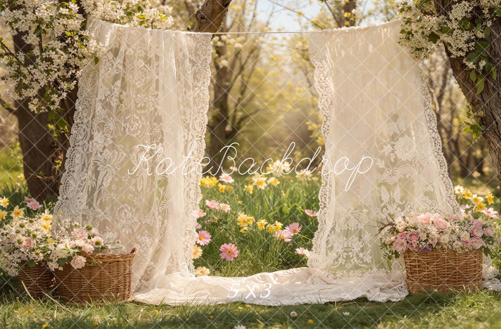 Kate母の日レースカーテン フラワーバスケットガーデンプリント背景 Emetselchデザイン