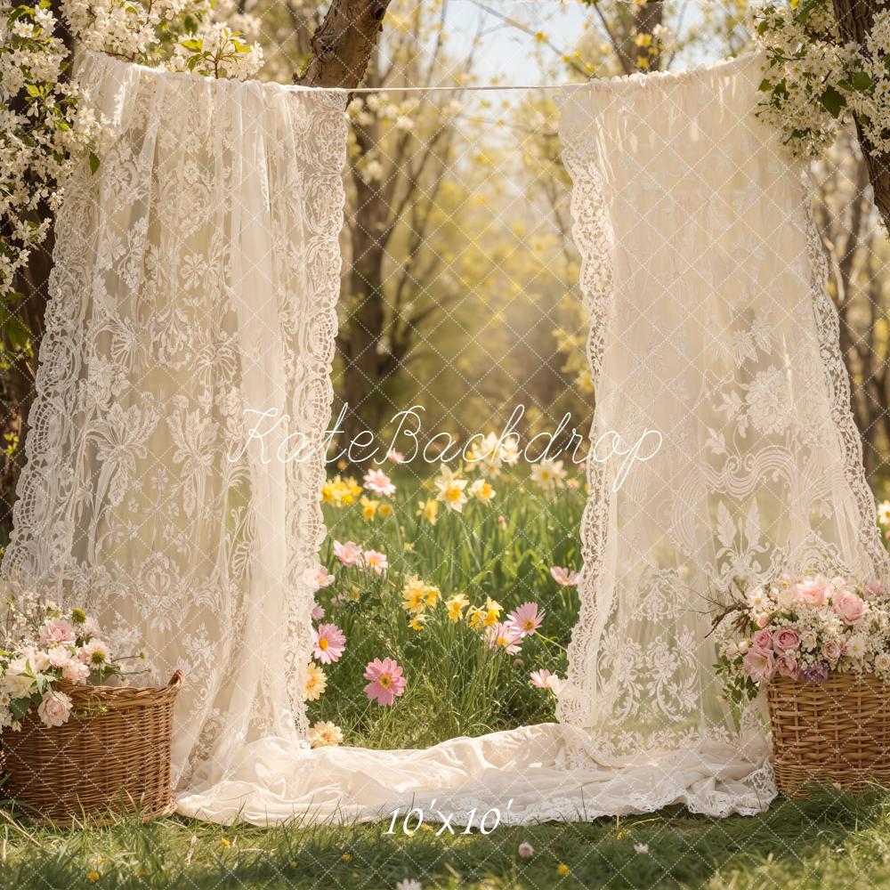 Kate母の日レースカーテン フラワーバスケットガーデンプリント背景 Emetselchデザイン