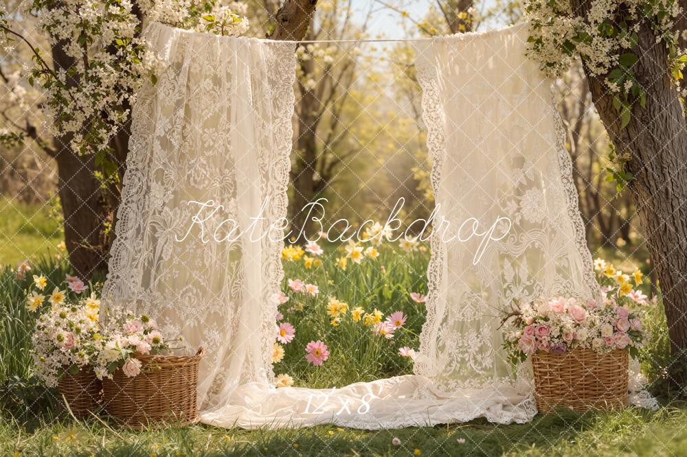 Kate母の日レースカーテン フラワーバスケットガーデンプリント背景 Emetselchデザイン