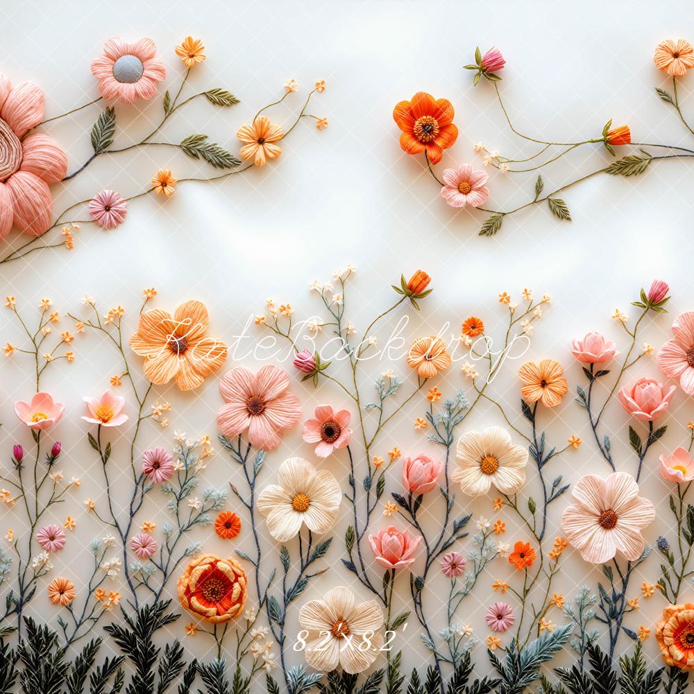 Kate 春のパステル刺繍フラワホワイト プリント背景 Mini MakeBelieveデザイン