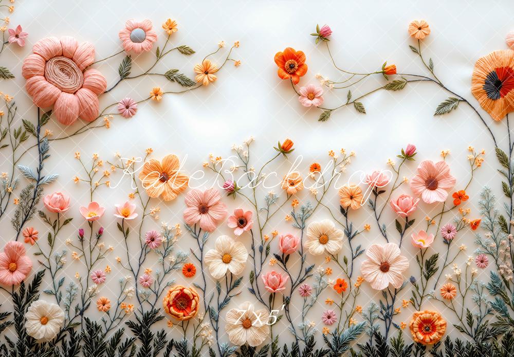 Kate 春のパステル刺繍フラワホワイト プリント背景 Mini MakeBelieveデザイン