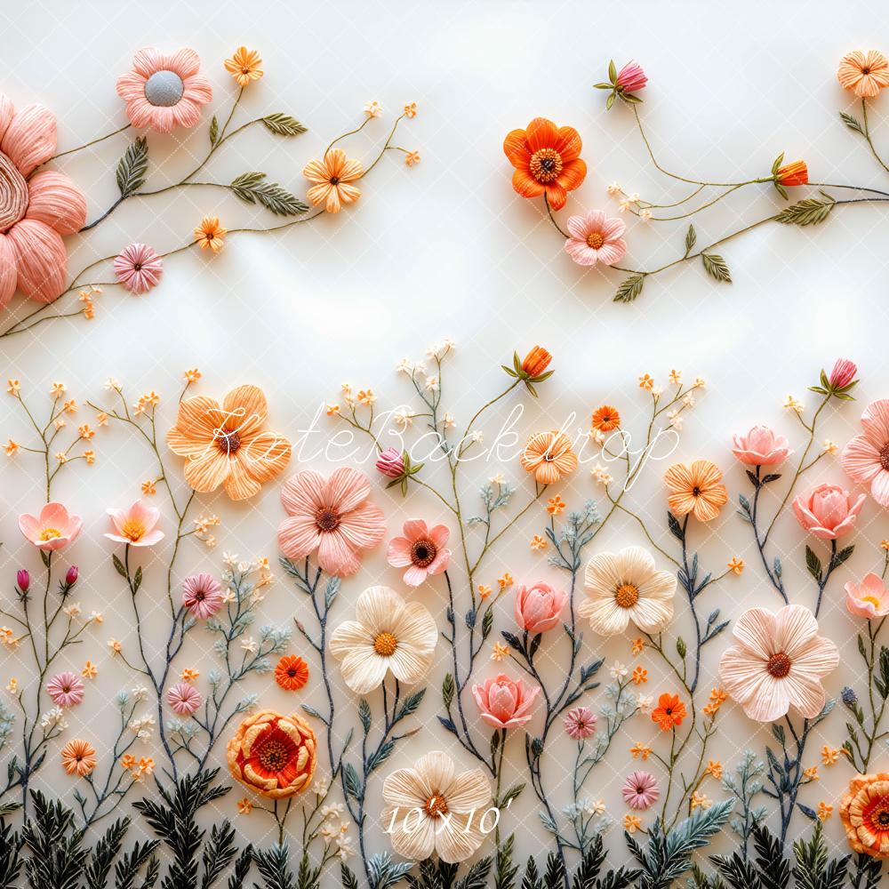 Kate 春のパステル刺繍フラワホワイト プリント背景 Mini MakeBelieveデザイン