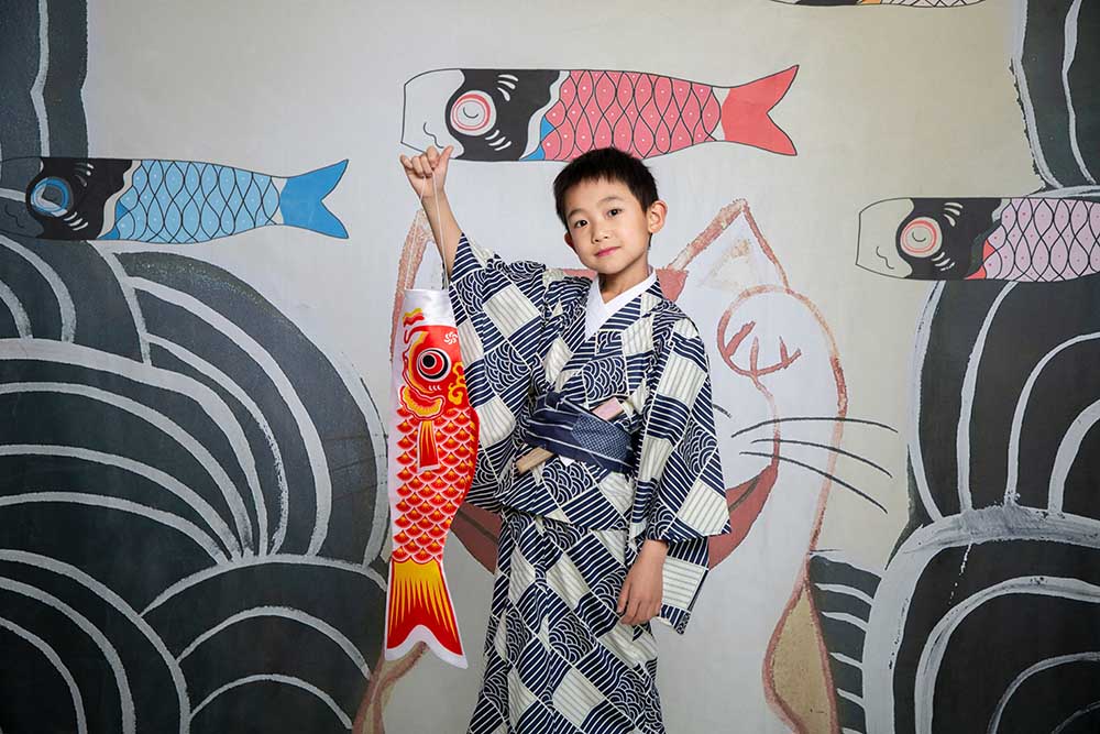 Kate鯉七五三男子の日幸運な猫写真家のための背景布