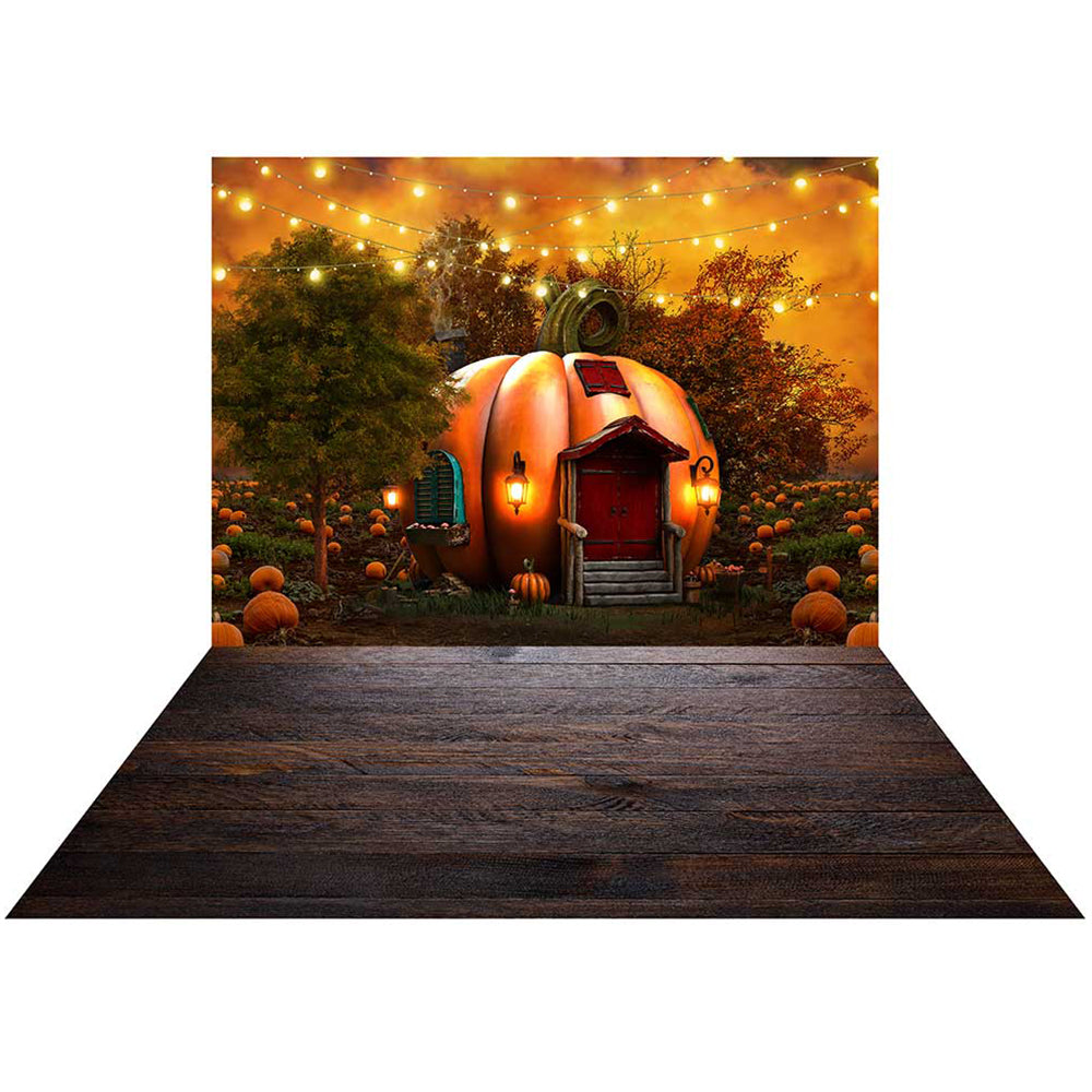 Kate ハロウィーンパンプキンハウスの背景+ブラウンウッドフロアマット