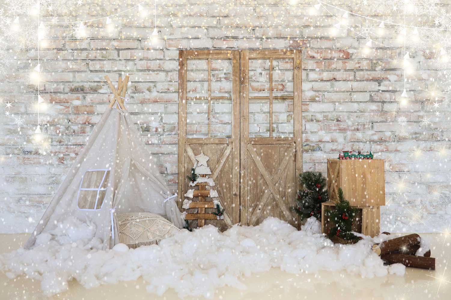写真撮影のためのkateつのクリスマステント納屋のドアのレンガの背景