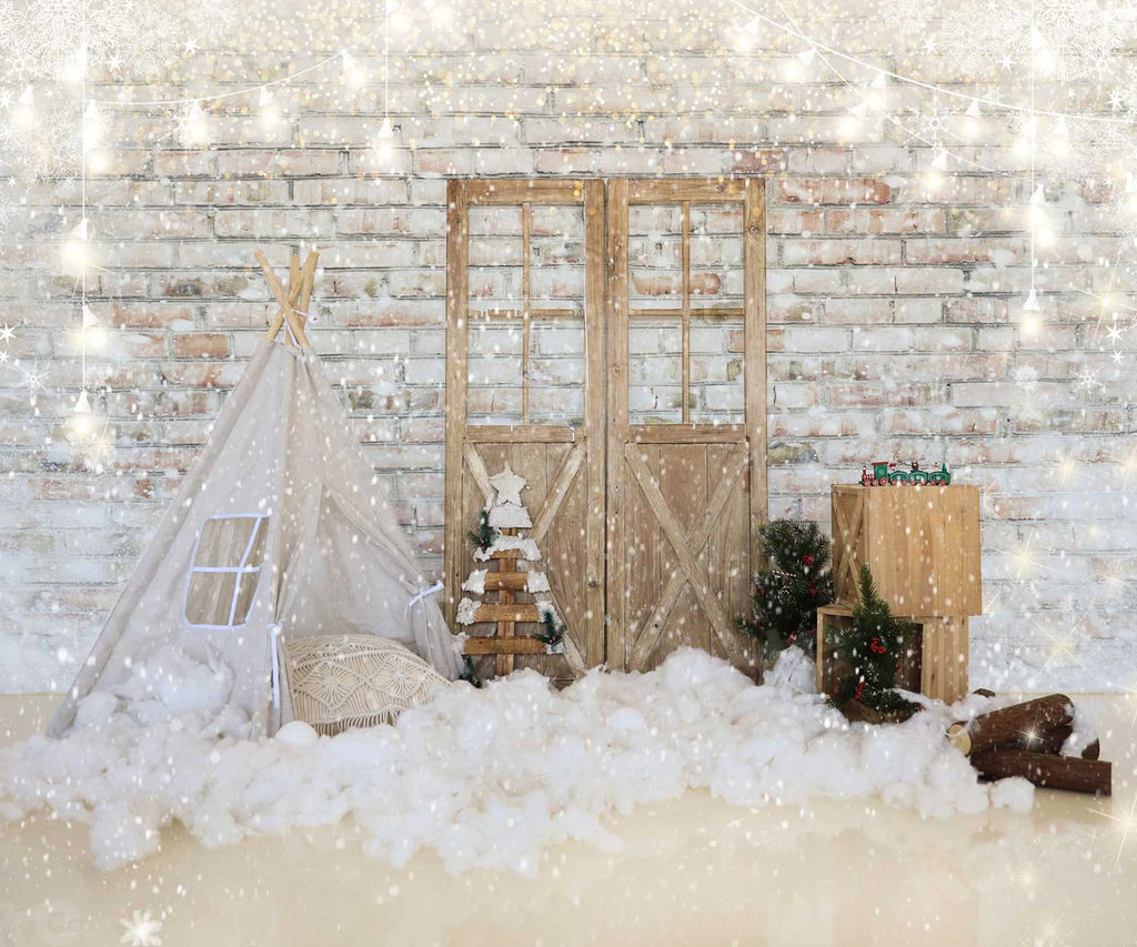 写真撮影のためのKateクリスマステント納屋のドアレンガの背景