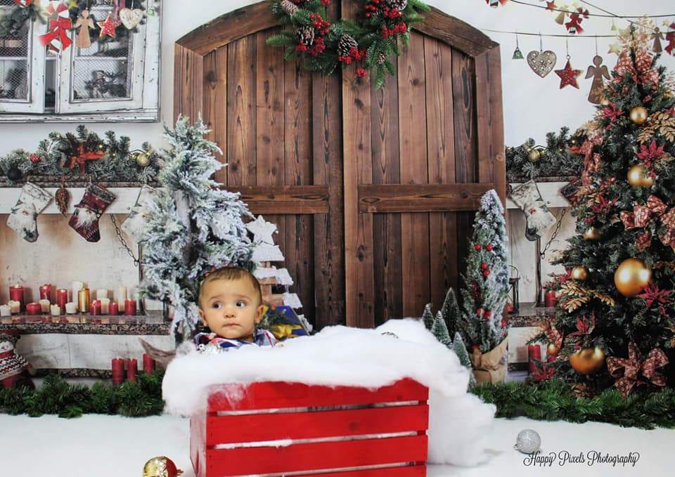 Kate写真撮影のためのクリスマスツリーの納屋のドアの背景