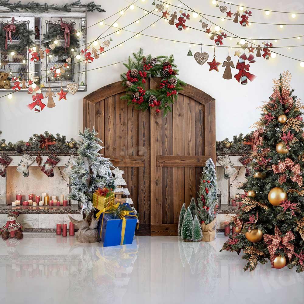 Kate写真撮影のためのクリスマスツリーの納屋のドアの背景