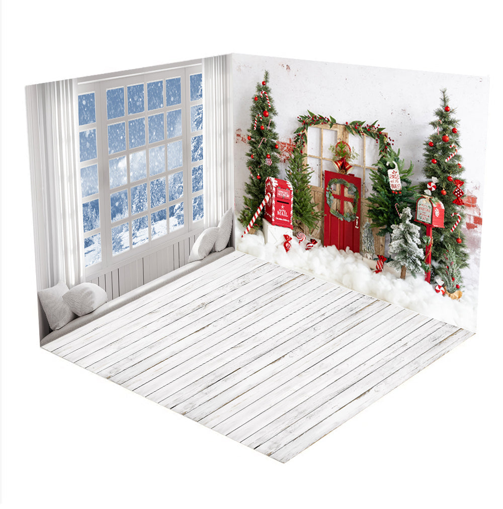 Kateクリスマス暖炉の白い窓の部屋セット(8ftx8ft&10ftx8ft&8ftx10ft)