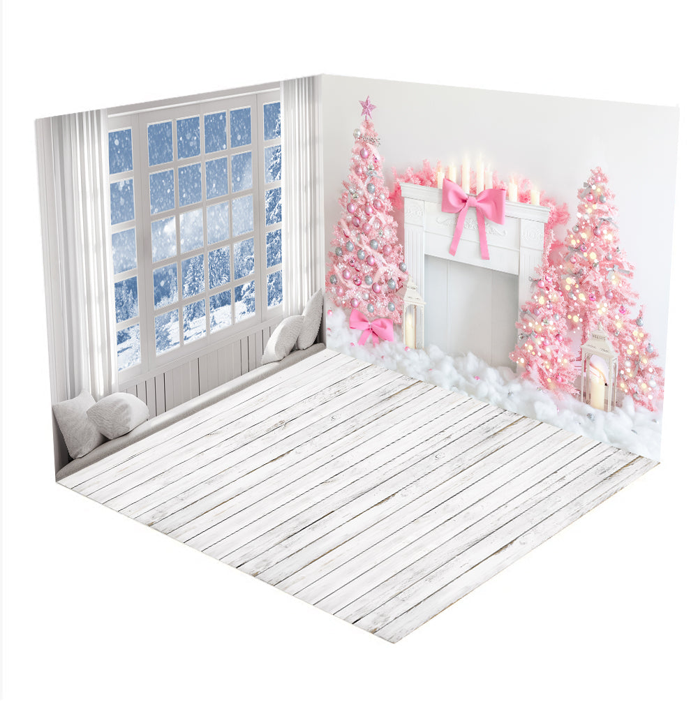 Kateクリスマスピンクの木の窓の暖炉の部屋セット(8ftx8ft&10ftx8ft&8ftx10ft)