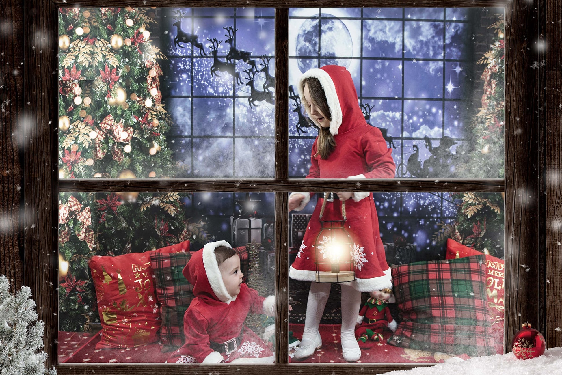 kate写真撮影のためのクリスマスの窓そりの背景エルク
