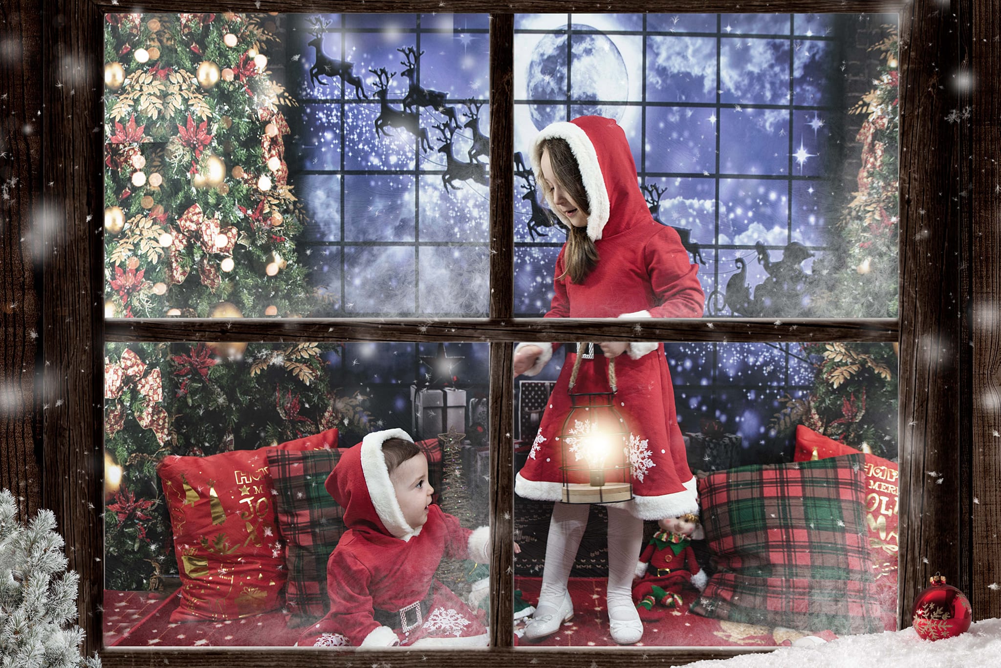 kate写真撮影のためのクリスマスの窓そりの背景エルク