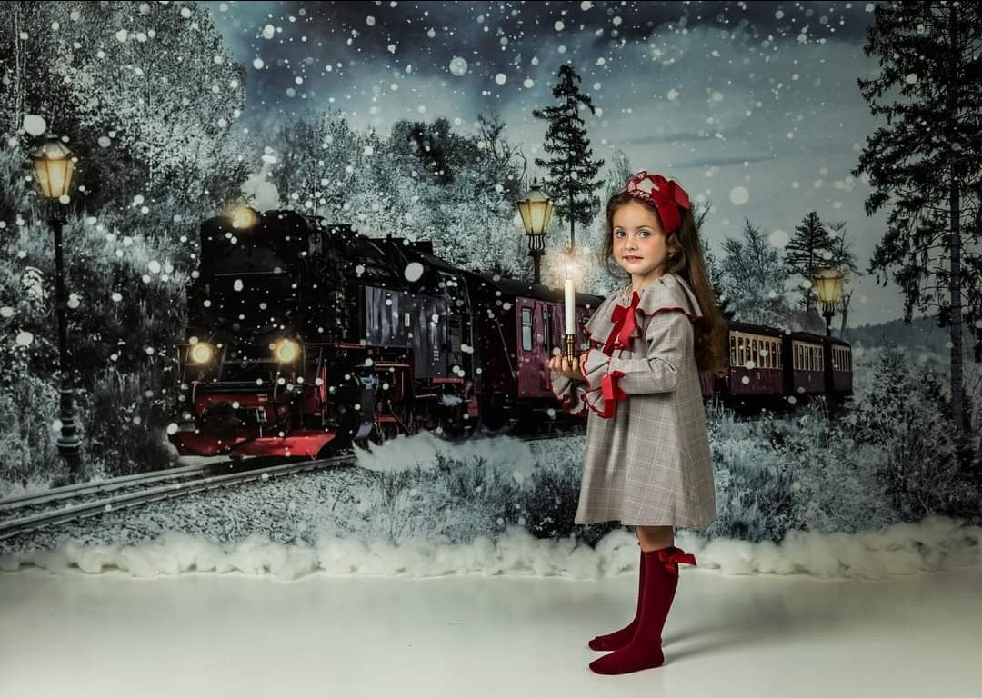 Kate 冬のクリスマス電車の背景雪Chain Photography設計
