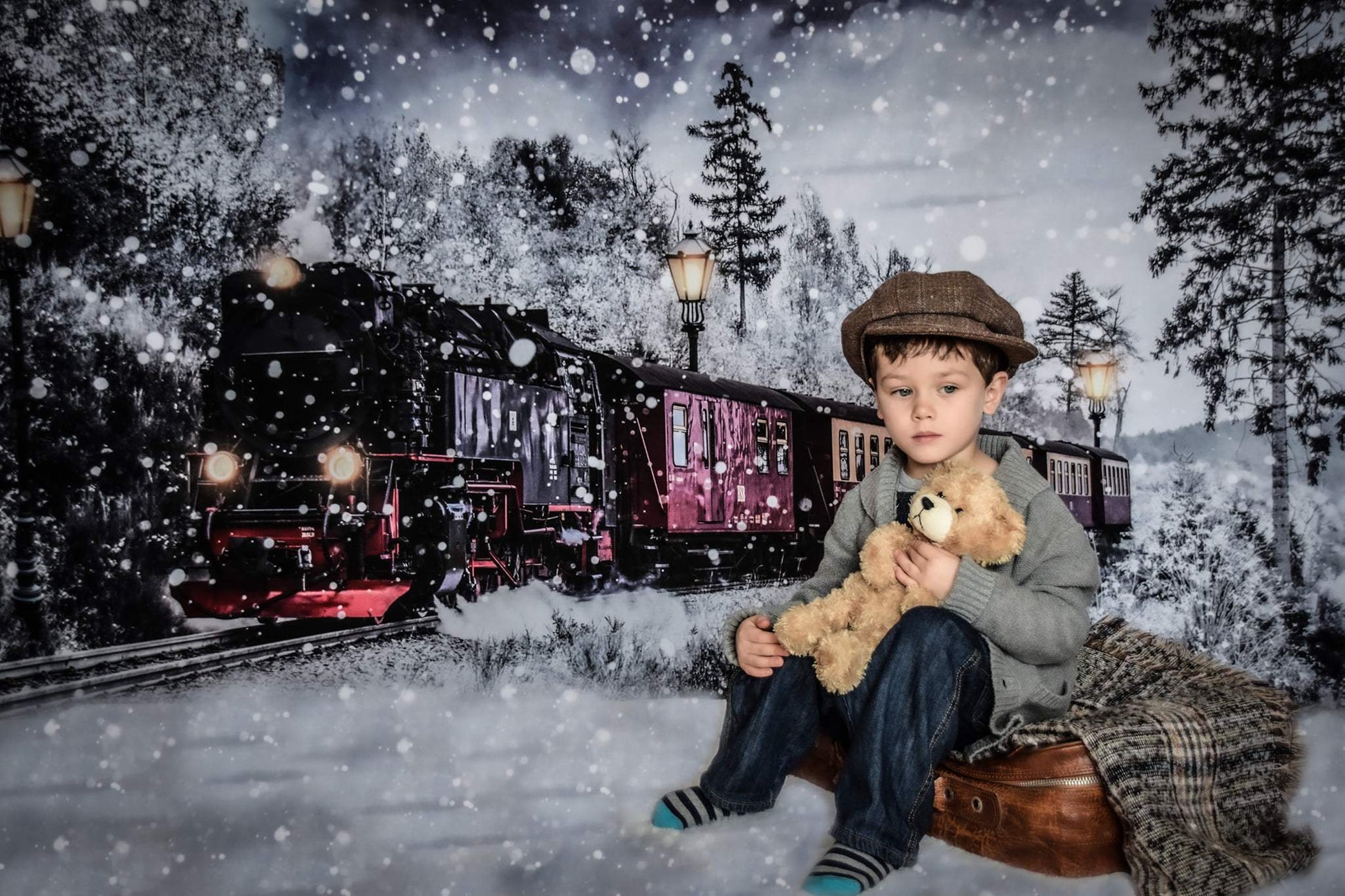 Kate 冬のクリスマス電車の背景雪Chain Photography設計