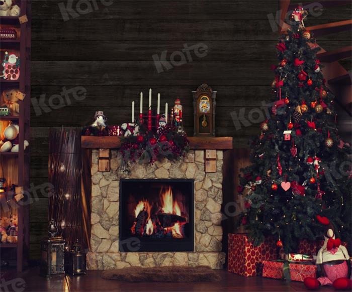 kate写真撮影のためのクリスマスギフトツリー背景暖炉