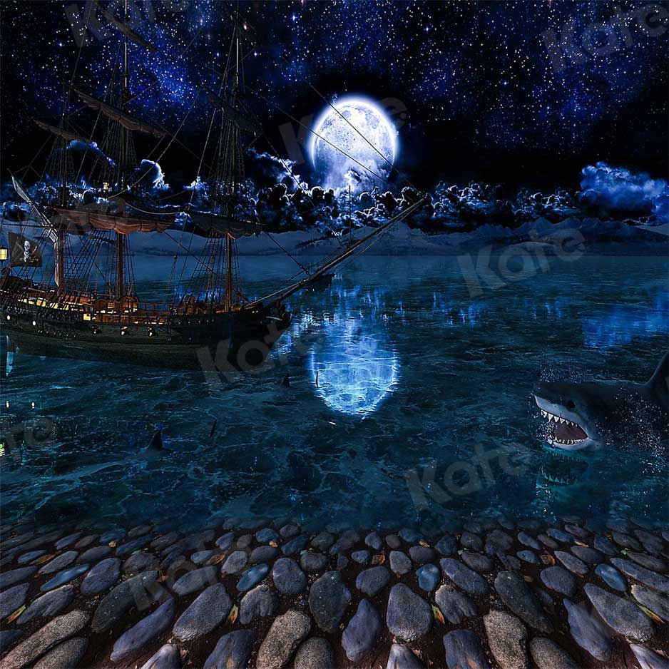 Kate写真撮影のための魔法の月の夜の背景サメボートストーン