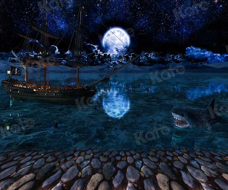 Kate写真撮影のための魔法の月の夜の背景サメボートストーン
