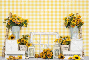 Kate写真撮影のための黄色と白の格子縞の背景夏のひまわり