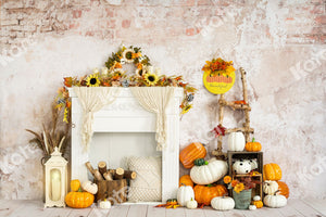 Kate秋かぼちゃハロウィーン感謝祭ひまわり白い暖炉の背景Emetselchデザイン