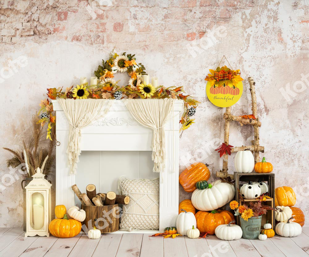 Kate秋かぼちゃハロウィーン感謝祭ひまわり白い暖炉の背景Emetselchデザイン