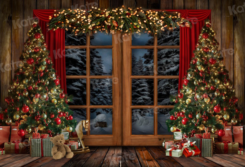 Kate冬クリスマスツリー雪景色屋内キャビン窓の背景