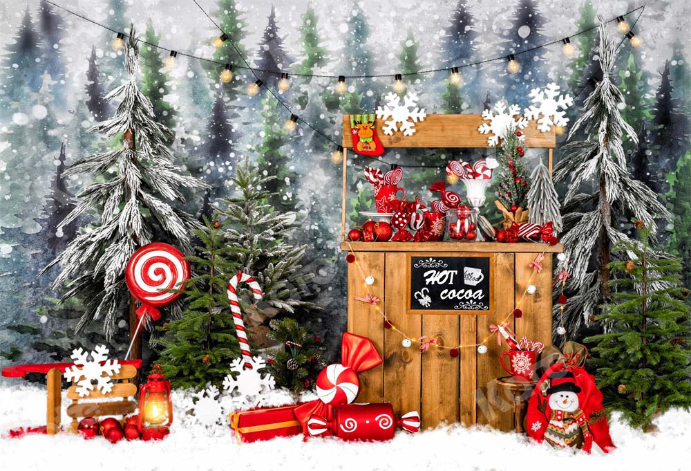 Kateクリスマスの背景屋外スノーツリーココアキャンディーEmetselchデザイン