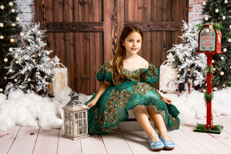 Kateクリスマスの背景納屋のドアれんが壁雪Emetselchデザイン