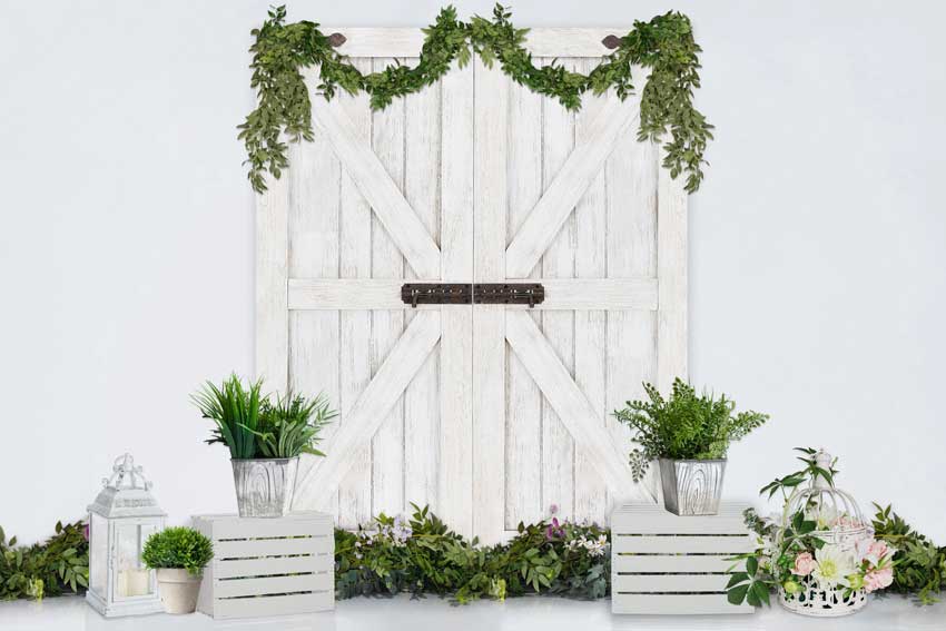 Kate春/イースターの白い納屋のドアの背景布 のデザインです JS Photography