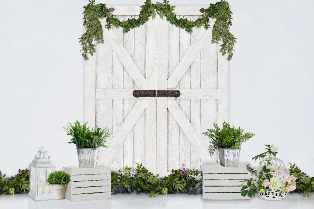 Kate春/イースターの白い納屋のドアの背景布 のデザインです JS Photography