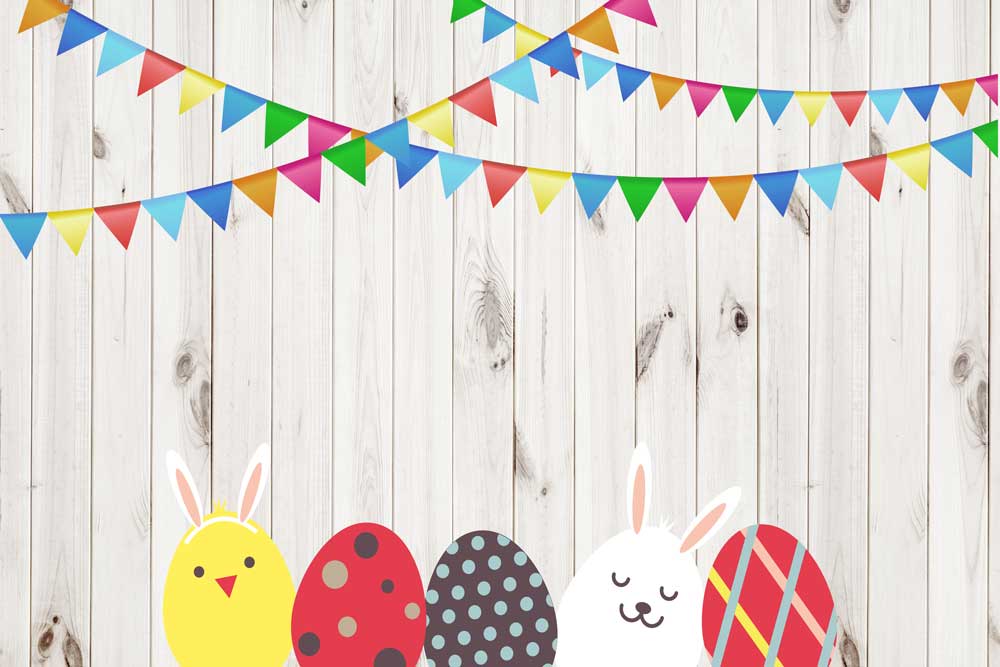 Kate 写真撮影のための卵と装飾の背景を持つイースター木製の壁