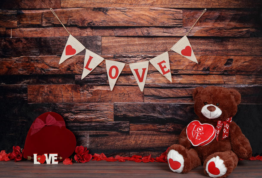 Kate バレンタイン木製の壁とテディベア愛バナーの背景布