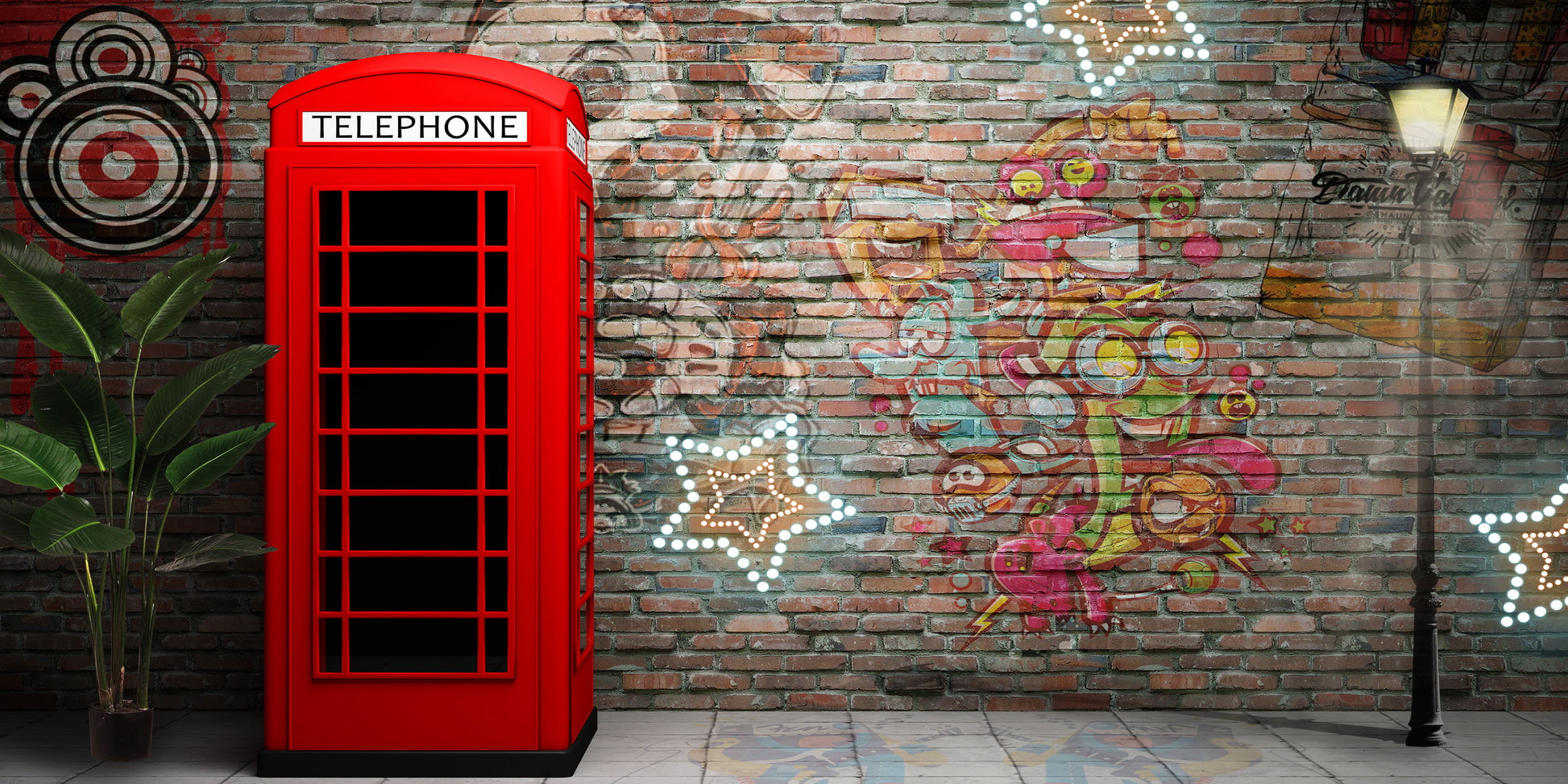 kate 写真撮影のためのレトロな電話ブースの落書きの壁の背景