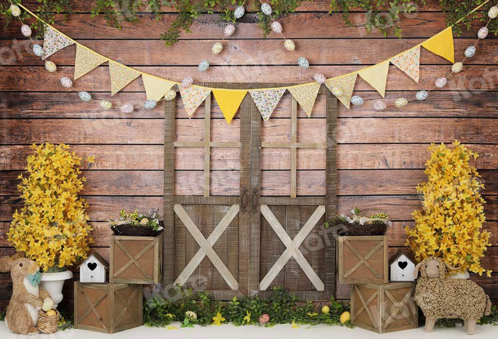 写真撮影のためのKateイースターウッドカラフルな卵納屋のドアケーキスマッシュ背景