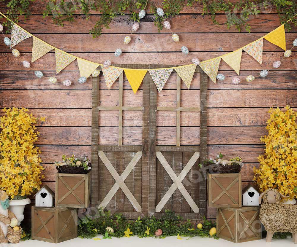 写真撮影のためのkateイースターウッドカラフルな卵納屋のドアケーキスマッシュ背景