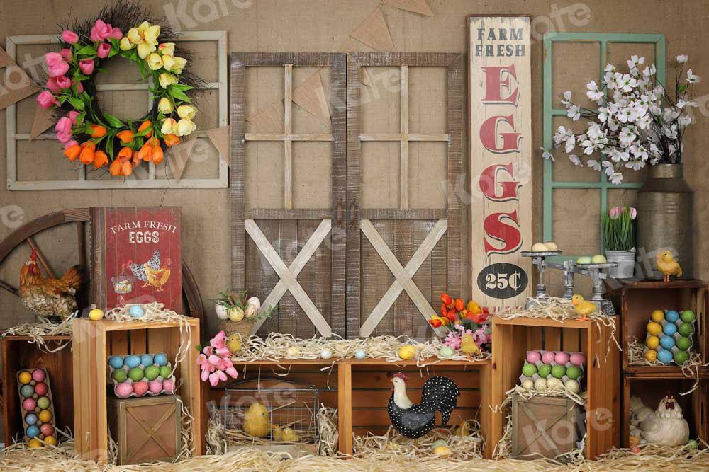 写真撮影のためのKate納屋のドアイースターカラフルな卵の背景