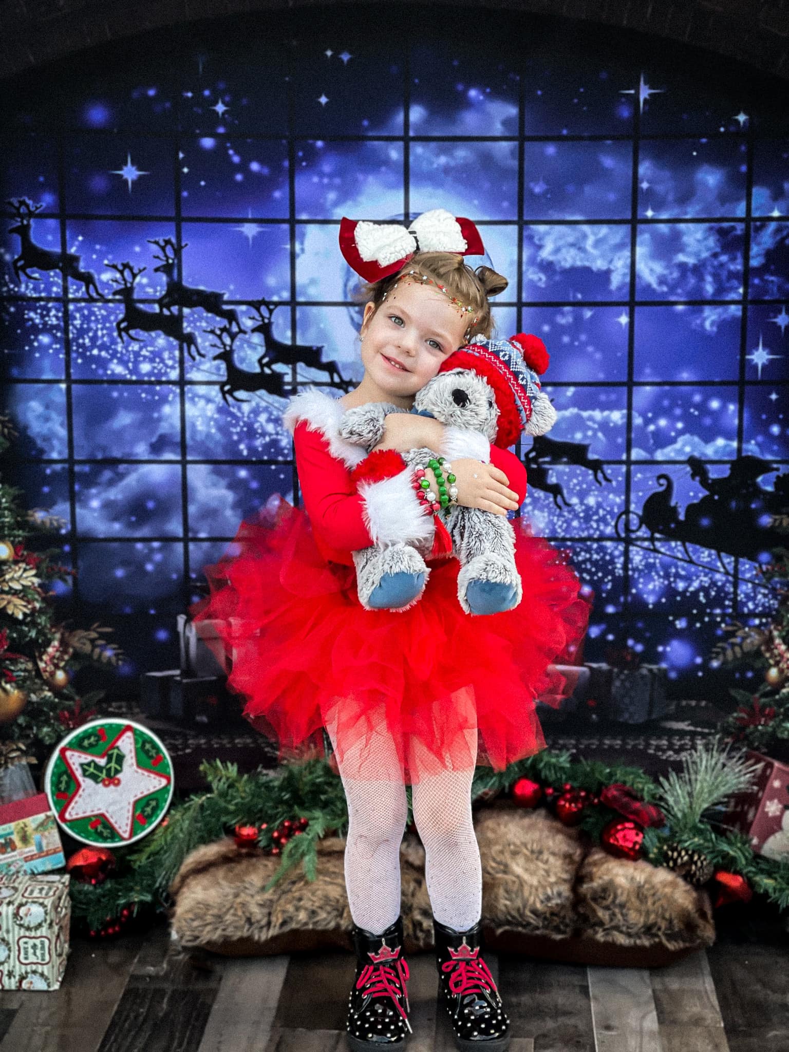 kate写真撮影のためのクリスマスの窓そりの背景エルク