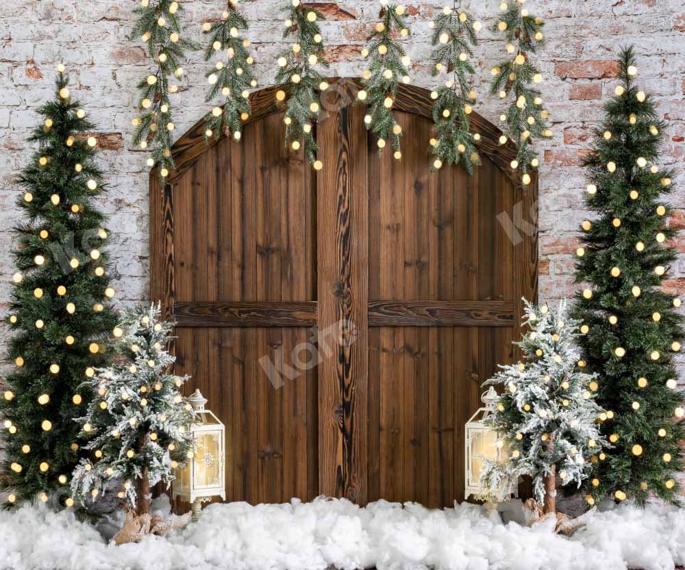 Kateクリスマスの背景納屋のドアれんが壁雪Emetselchデザイン