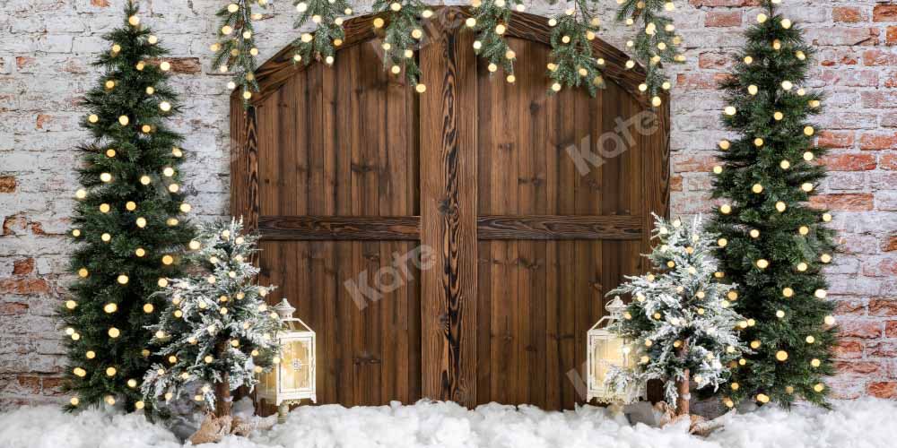Kateクリスマスの背景納屋のドアれんが壁雪Emetselchデザイン