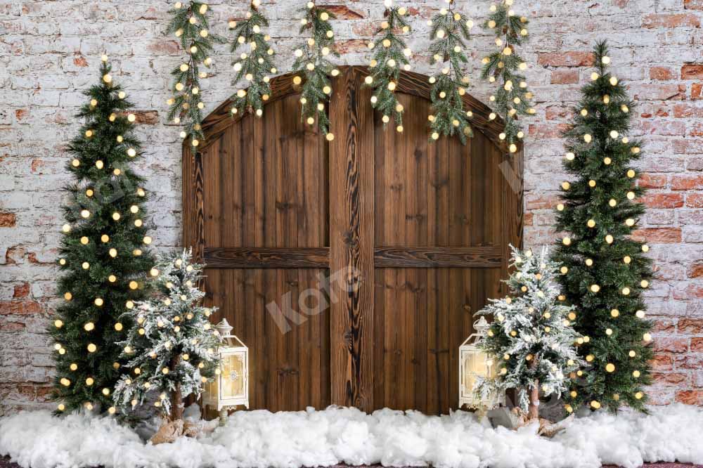 Kateクリスマスの背景納屋のドアれんが壁雪Emetselchデザイン
