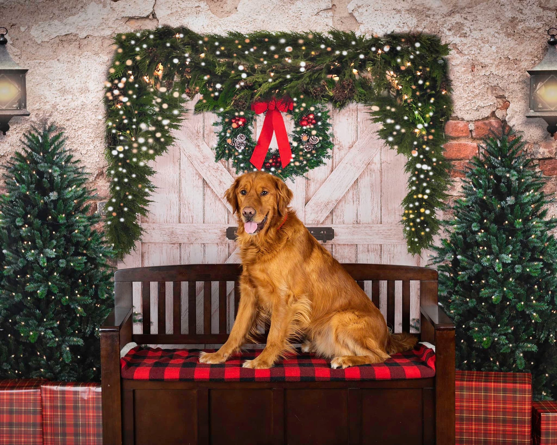 Kate クリスマスの背景レンガの壁のドアとクリスマスツリー