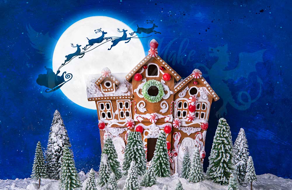 写真撮影のためのサンタとトナカイの背景を持つkateクリスマスジンジャーブレッドハウス