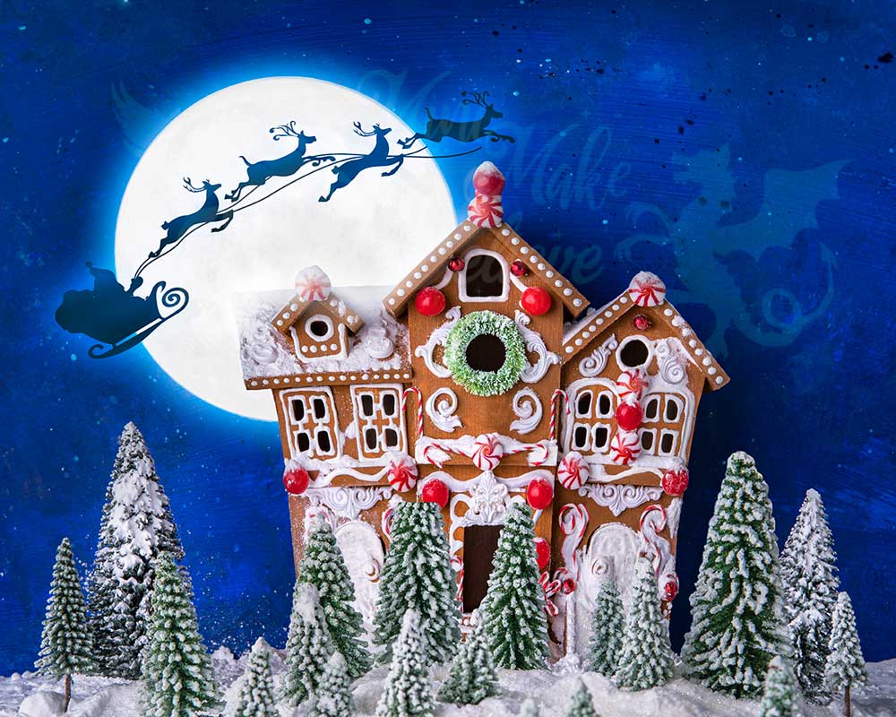 写真撮影のためのサンタとトナカイの背景を持つkateクリスマスジンジャーブレッドハウス