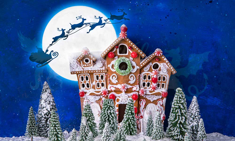 写真撮影のためのサンタとトナカイの背景を持つkateクリスマスジンジャーブレッドハウス