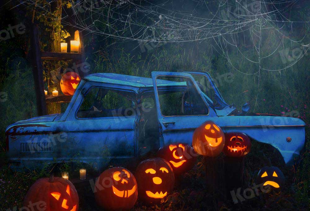 kateハロウィーンパンプキンカーの背景写真撮影のための秋の夜