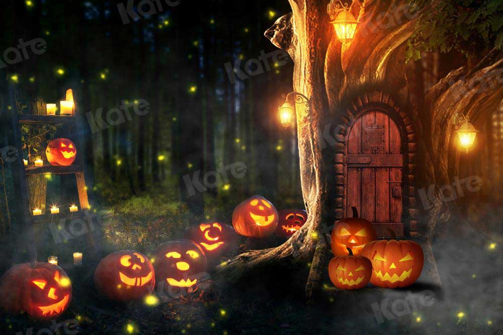 kateハロウィーンのカボチャの背景写真撮影のための秋の森の木の穴