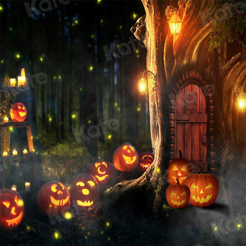 kateハロウィーンのカボチャの背景写真撮影のための秋の森の木の穴