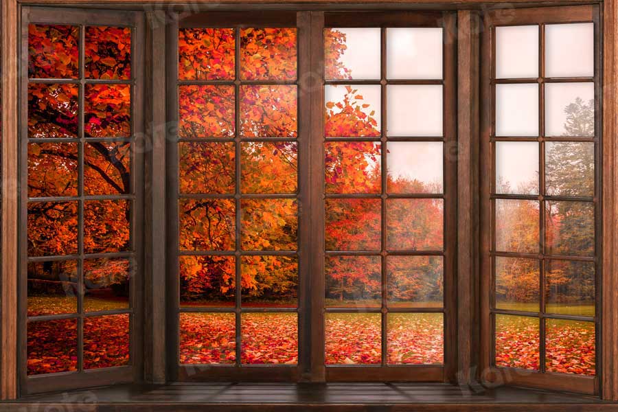 写真撮影のための窓の外のKateつの秋の落ち葉の背景