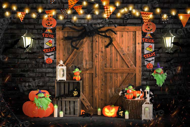 写真撮影のためのkate秋のハロウィーンの背景納屋のドアのカボチャ